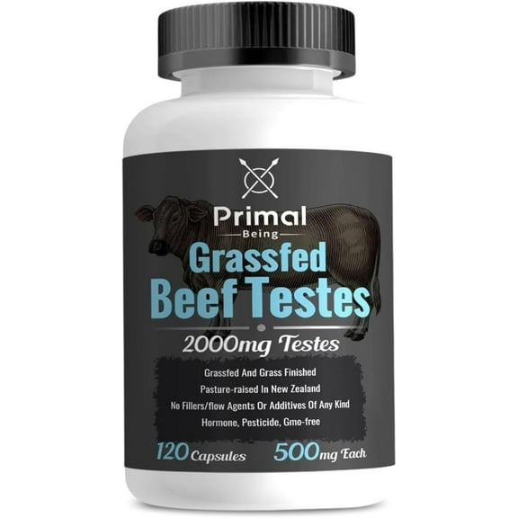 Primal Being Grassfed Beef Testes, Supports Vitality, Libido, Hormonal Health, Male Reproduction - 120 Capsules, 2000mg per Serving