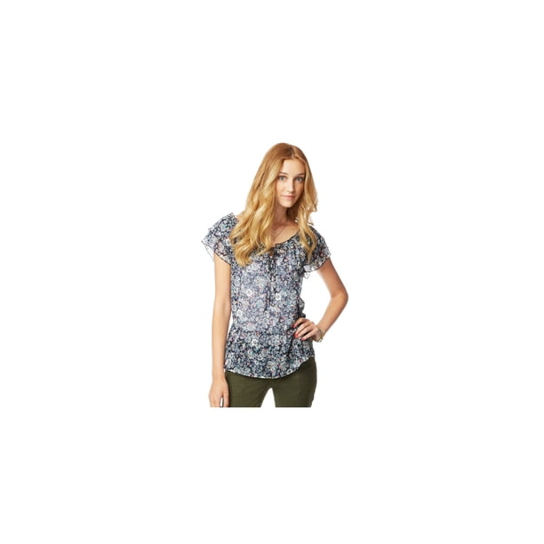 Aeropostale blusa de muñeca de gasa floral para mujer, azul, mediano Aeropostale Picardias