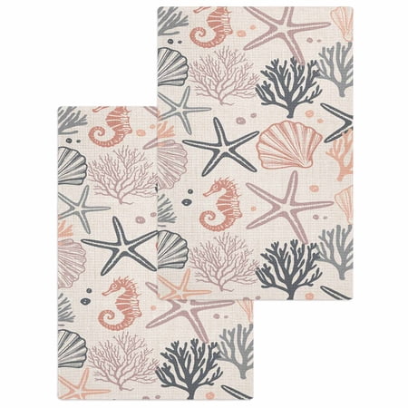 Coral Pink Grey Coastal Hand Towels Set Waffle Weave Kitchen Towels 2Pcs Summer Beach Starfish Coral Nautical Rustic Microfiber Hair Face Bath Tea Towel Absorbent Cleaning Dish Cloths 15.7 x23.6