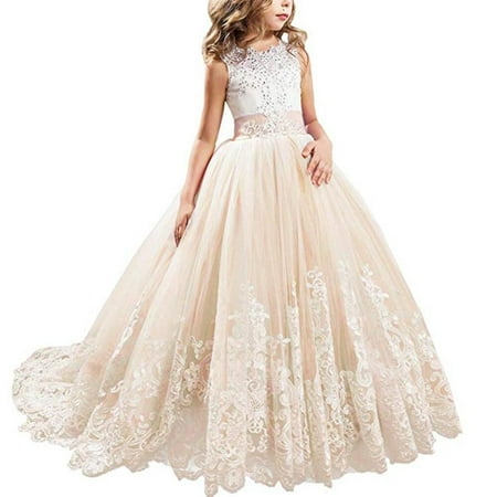 

Girls Embroidery Princess Dress Wedding Birthday Party Long Tail Prom Gowns