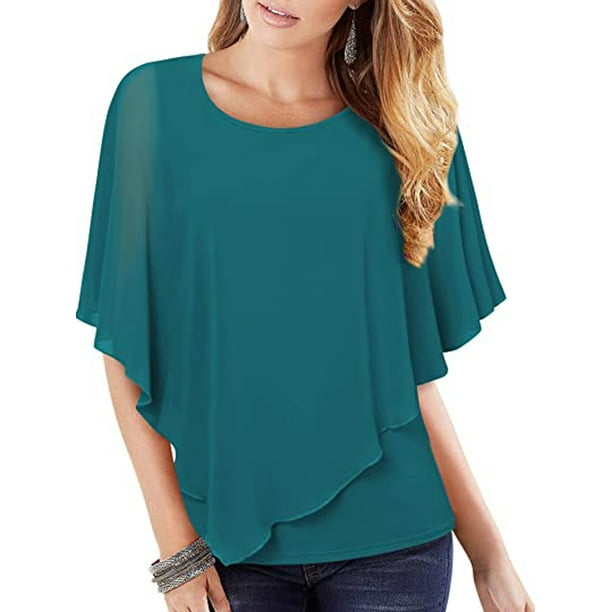 SAYOO Blusas de gasa fluidas para mujer, blusas de cuello redondo