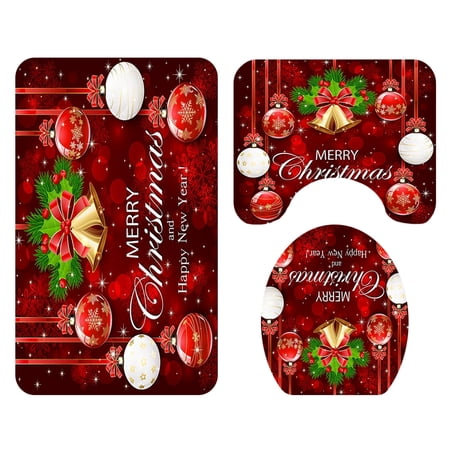Michellecmm 4Pcs Christmas Shower Curtain Sets with Rugs and Towels Include Non-Slip Rugs Toilet Lid Cover, Bath Towel and Mat Santa Xmas Snowflake Star Bell Toilet Cover Bath Mat for Bathroom