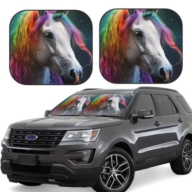 Balery Colorful Haired White Horse Parasol para parabrisas de coche de 2 piezas | Parasol plegable para parabrisas delantero de coche para la mayoría de sedanes-Large