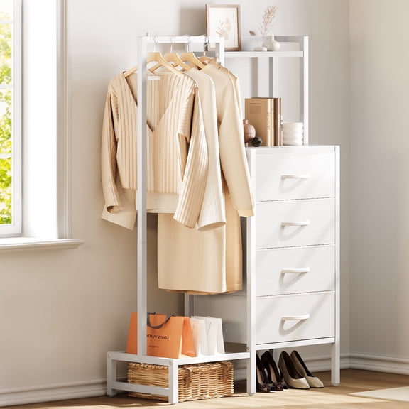 44"H Dresser with Hanging Rack & 4 Fabric Storage Drawers, Reversible Chest of Drawer with Clothes Rack, Small Closet for Bedroom, Entryway, Dorm, White