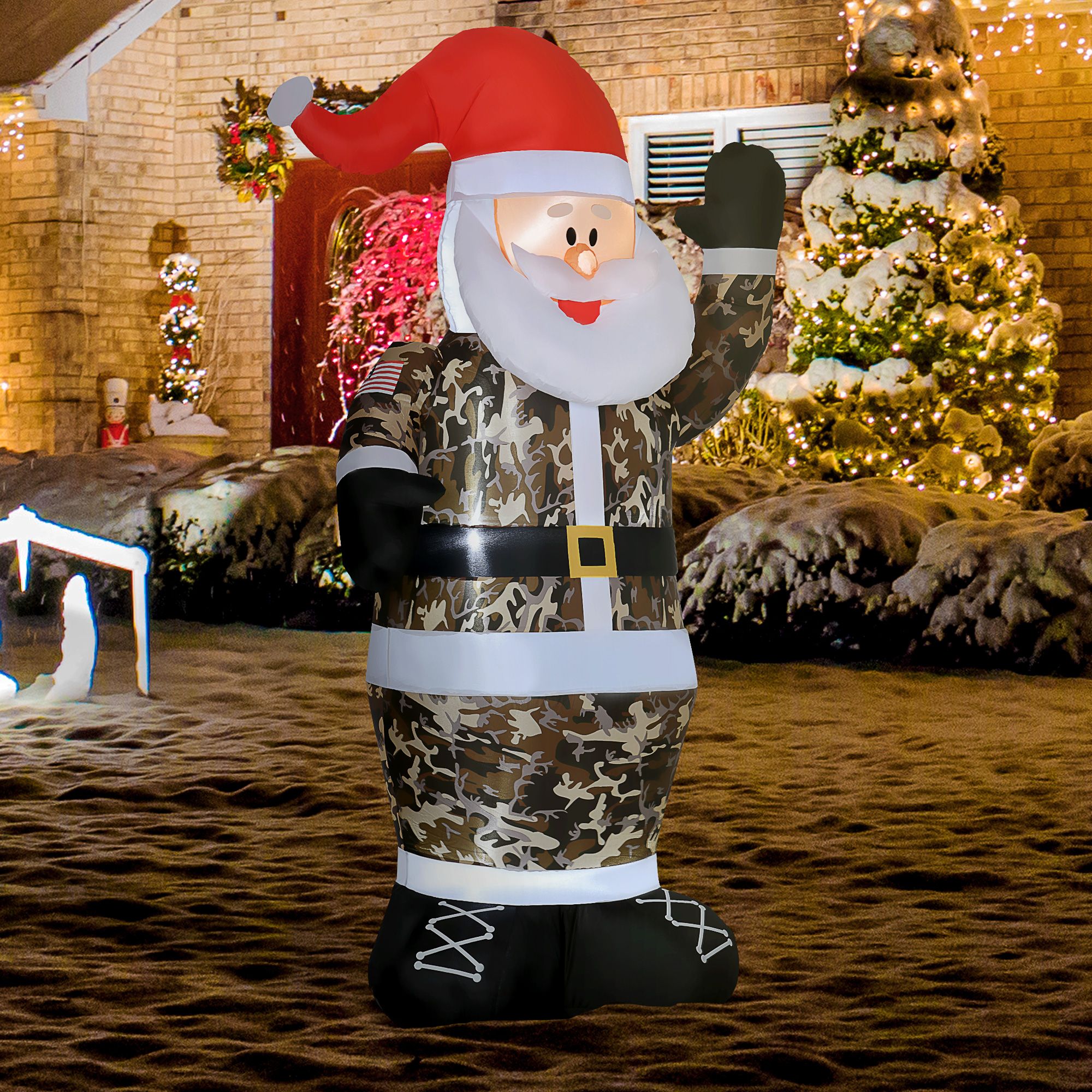8 ft Christmas Inflatable Santa Claus Outdoor Decoration with LED Lights, Camouflage Polyester Yard Display, Self-Inflating Holiday Decor