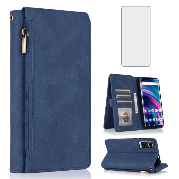 Asuwish Wallet Kickstand Hard Shell Cell Phone Case with Tempered Glass Screen Protector for BLU Bold N2, Blue
