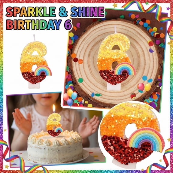 Number 6 Birthday Candle, Glitter Rainbow Cartoon, 1 Piece per Pack,Suitable for Kids Birthday Party Cake Decoration