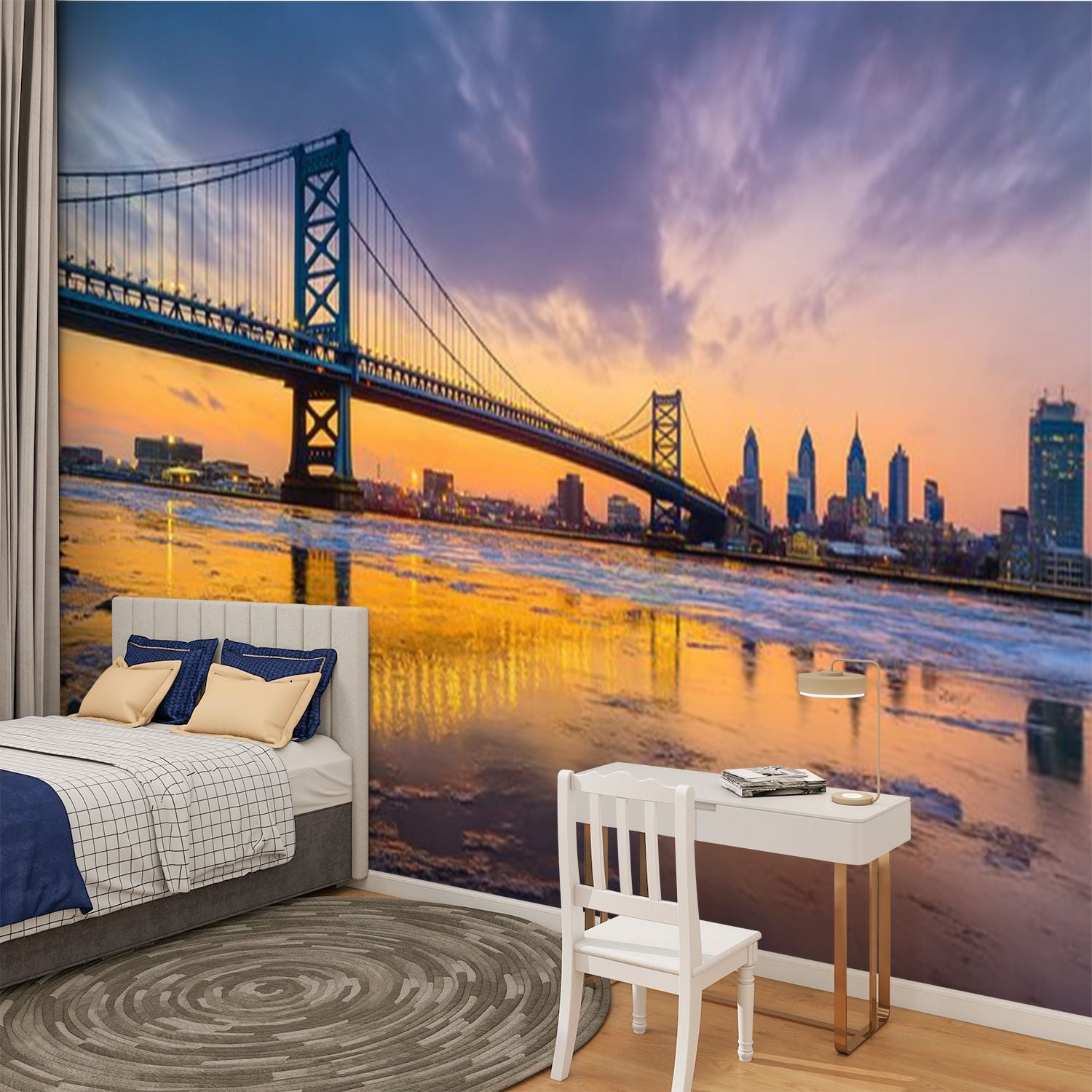 Peel and Stick Wallpaper Panorama Philadelphia skyline Bridge s Landing Modern Art Wall Mural Decor Self Adhesive and Removable 100in x 144in