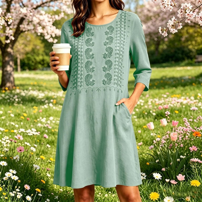 loose fitting knee length dresses NSLGXD Womens Denim Dresses Midi Dress Casual Turndown Collar Button Down Long Sleeve Jean Dress Loose Fit Comfy Knee Length Dresses with Pockets
