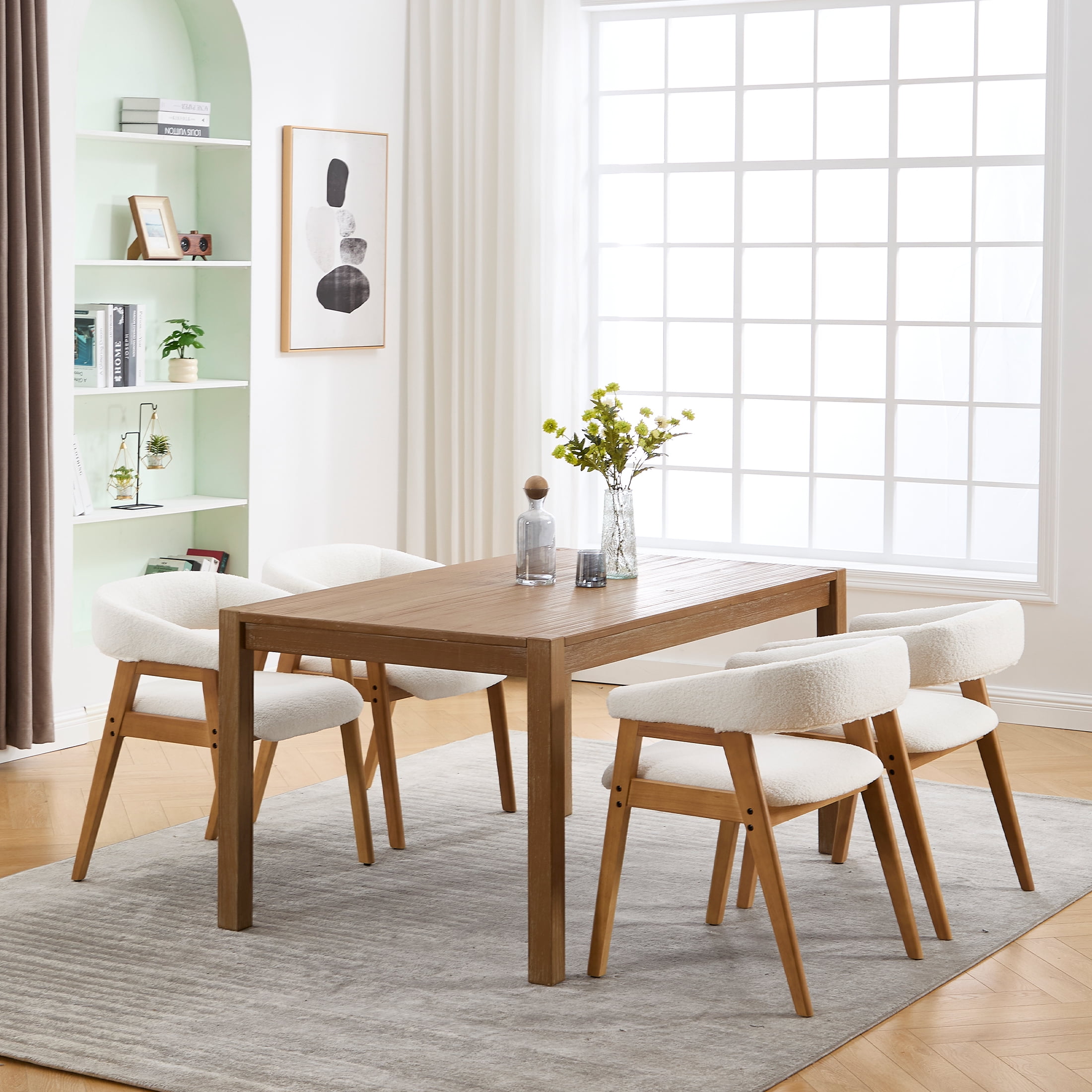 Guyou Modern Dining Chairs Set of 2, Sherpa Upholstered Wooden Kitchen Side Chairs, Barrel Armchair with Curved Backrest for Dining Room Kitchen Living Room, White