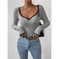 thumbnail image 3 of Women'S Sweetheart Neck Long Sleeve T Shirt Rib Knitted Contrast Binding Tee Tops Grey XL, 3 of 6