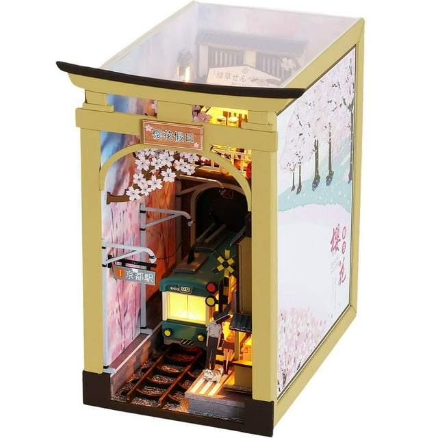 DIY Book Nook Kit 3D Wooden Puzzle Bookshelf Insert Decor with LED Light Sakura DIY Miniature Dollhouse Model Kit Creative Educational Bookshelf Insert Bookend Building Kits for Kids Adul
