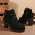 thumbnail image 5 of FRSASU Women's Lace‑Up Buckle Strap Block Heel Ankle Booties, Side Zipper Scalloped Lug Sole Faux Leather Short Boots Black, 5 of 9