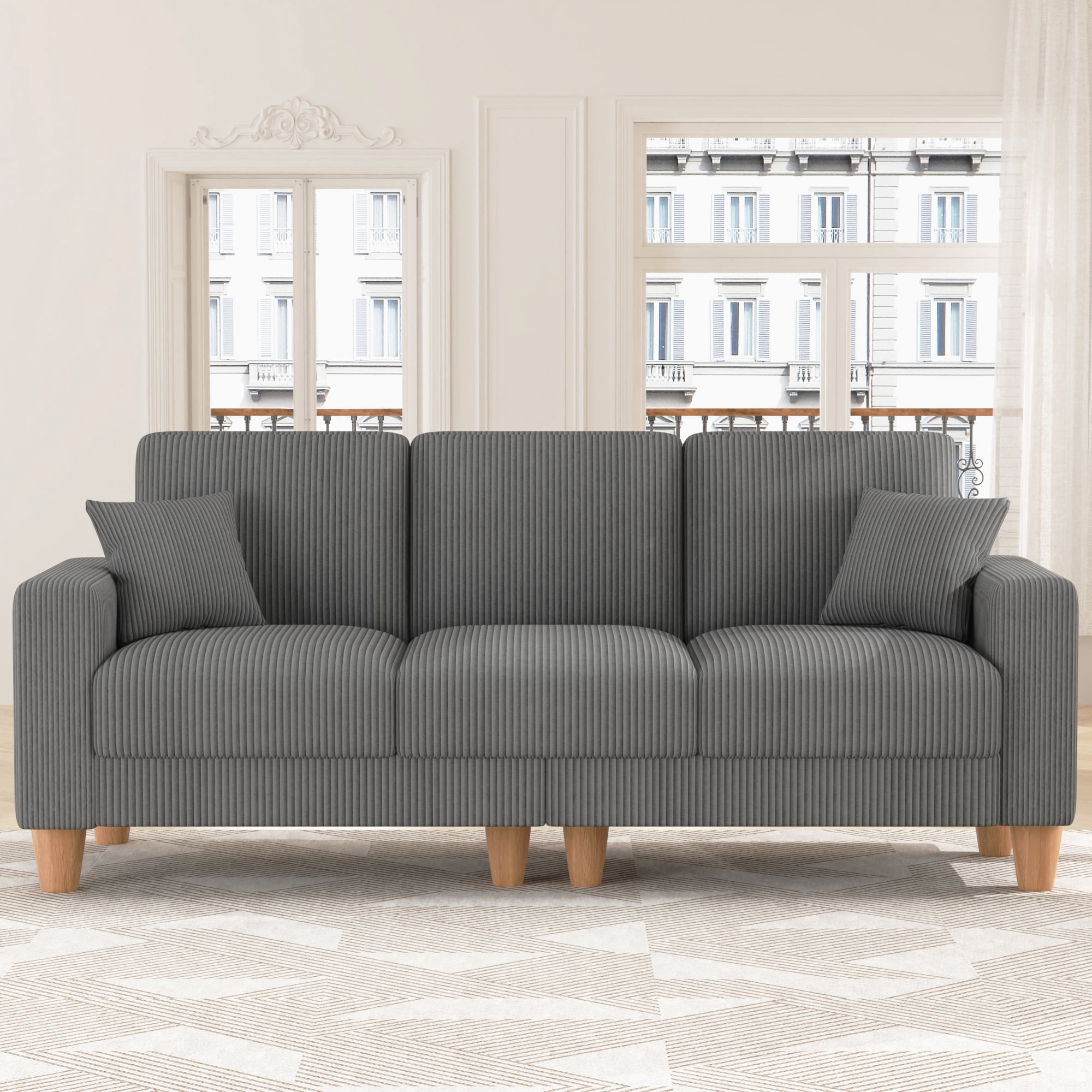 AAQZ 101" Corduroy Sofa Couch for Living Room, 3 Seater Deep Seat Comfy Couch in a Box, 2 Cushions, 2 Pillows Tool-Free Setup,Gray