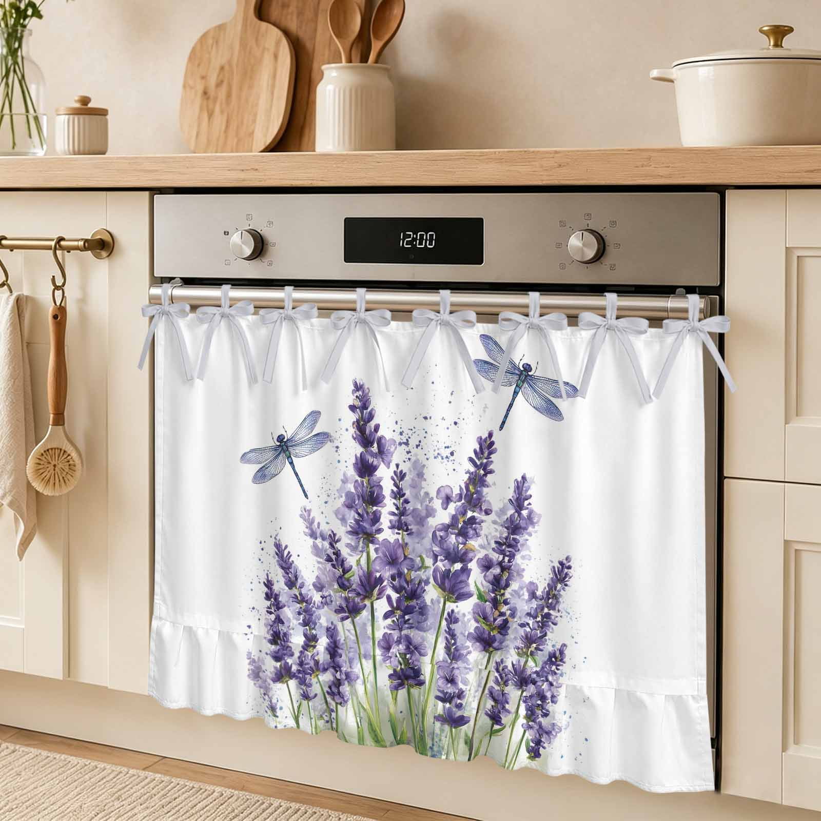 Purple Lavender Flower Oven Skirt Curtain Vintage Purple Lavender Floral Watercolor Dragonfly Tie Top Tier Curtains Stove Dishwasher Skirt Small Window Drapes for Kitchen Bathroom Cafe 27 x20