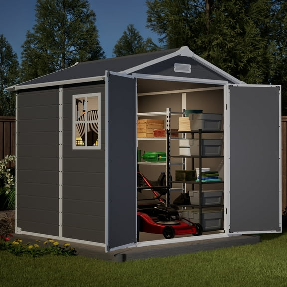 6x6 ft Outdoor Plastics Storage Shed with Floor, Heavy-Duty Resin Sheds All-Weather with Window & Lockable Door, Colorfast, for Garden Backyard