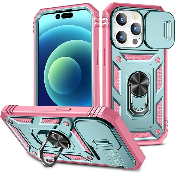 Case for iPhone 14 Pro, Shockproof Impact Resistant with Slide Lens Protective Cover Case for iPhone 14 Pro 6.1 inch (Pink Green)