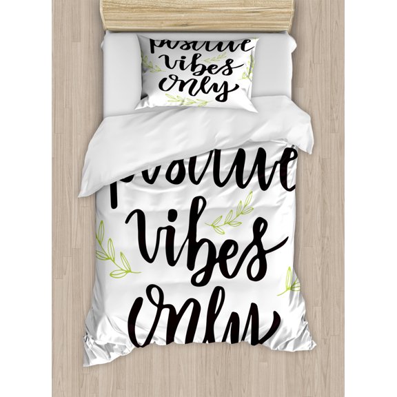 Positive Energy Duvet Cover Set Twin Size, Positives Vibes Only Words and Outline Leafy Branches, Decorative 2 Piece Bedding Set with 1 Pillow Sham, Apple Green Charcoal Grey White, by Ambesonne