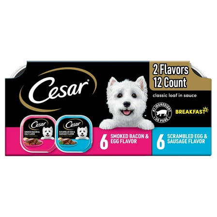 Cesar Loaf in Sauce Breakfast Flavors Adult Wet Dog Food, 3.5 oz Trays, (12 Ct Variety Pack0