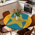 thumbnail image 2 of Round Fitted Tablecloth with Elastic Starfish Tablecloths Waterproof Oil Proof Turquoise Yellow Stripes Lines Table Cover for Kitchen Dinner Holiday Party Picnic Fits Tables up to 36"- 44" Diameter, 2 of 9