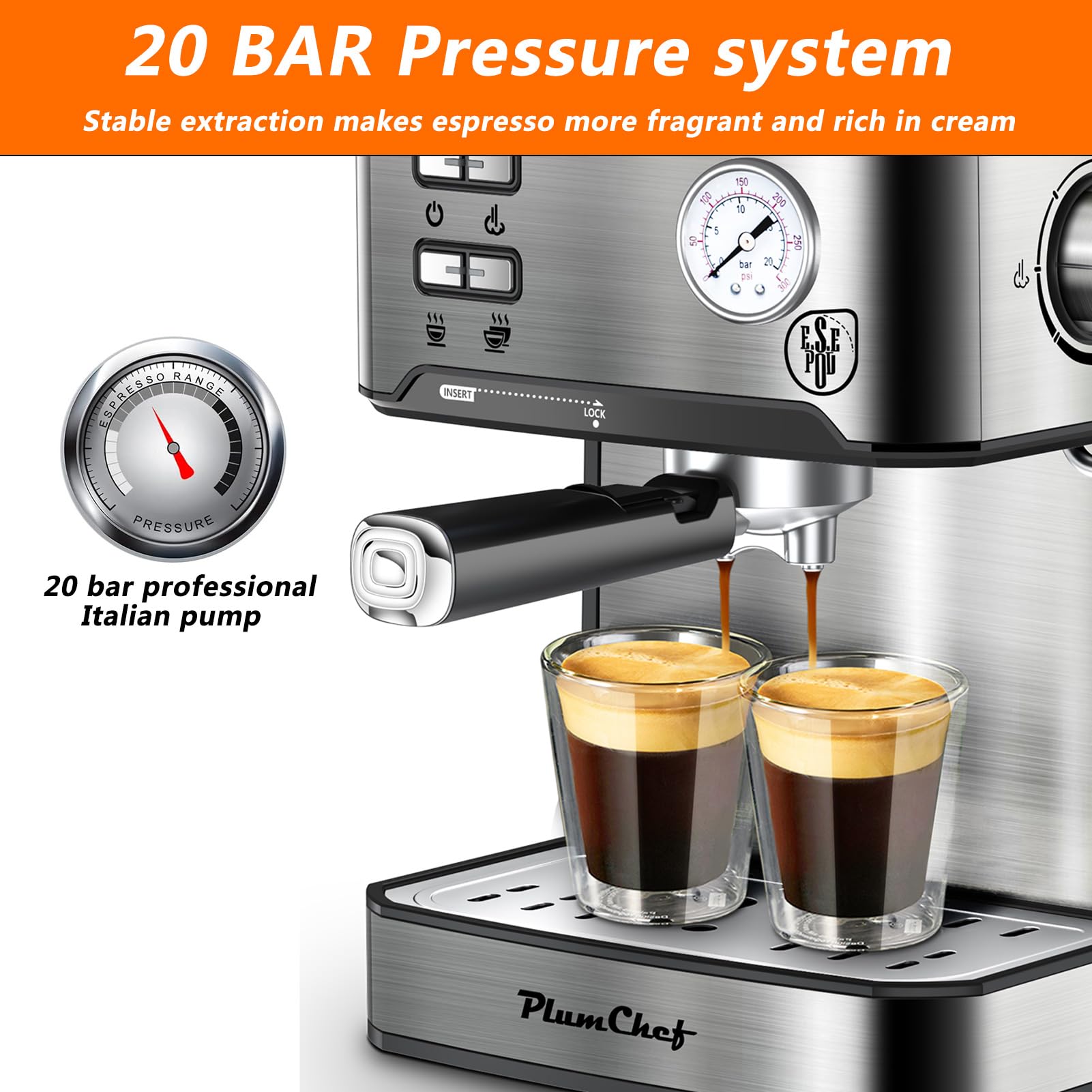 Home compact professional 20-bar espresso machine with milk frother, steam wand, pressure gauge, 54-ounce water tank, fast and powerful coffee maker
