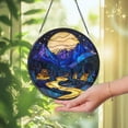 thumbnail image 3 of Moonlit Mountain Village Stained Glass Suncatcher – Blue Night Scene Window Hanging, Cozy Cabin Decor, Scenic Nature Lover Gift, 3 of 5