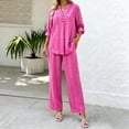 thumbnail image 4 of Cagogo Women Plus Size 2 Piece Set V Neck Long Sleeve Shirt Wide Leg Pants Casual Loose Outfits Solid Basic Matching Lounge Tracksuits Comfy Travel Airport Clothes, Hot Pink 3XL, 4 of 7