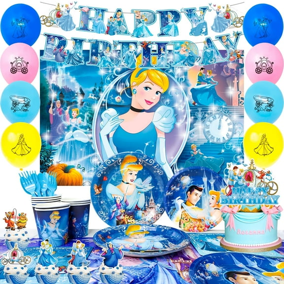 Cinderella Birthday Party Supplies,112pcs Cinderella Party Decorations&Cinderella Themed Tableware Set-Cinderella Plates Cups Tablecloth Balloons Backdrop etc Cinderella Party Decorations for Girls