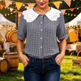 thumbnail image 4 of Womens Shirt Button Down Plaid Print Lace Collar Short Sleeve Beachwear for Women,Black,L, 4 of 9