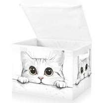 Yayeee Collapsible Cube Storage Bin with Lid Fabric Closet Decorative Basket with Handles, White Cat