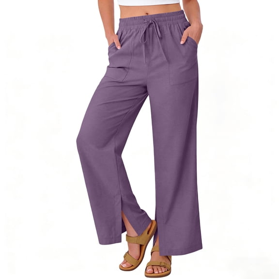 hoksml Women's Cotton Side Slit Wide Leg Pants Elastic Waist Drawstring Casual Trousers with Pockets