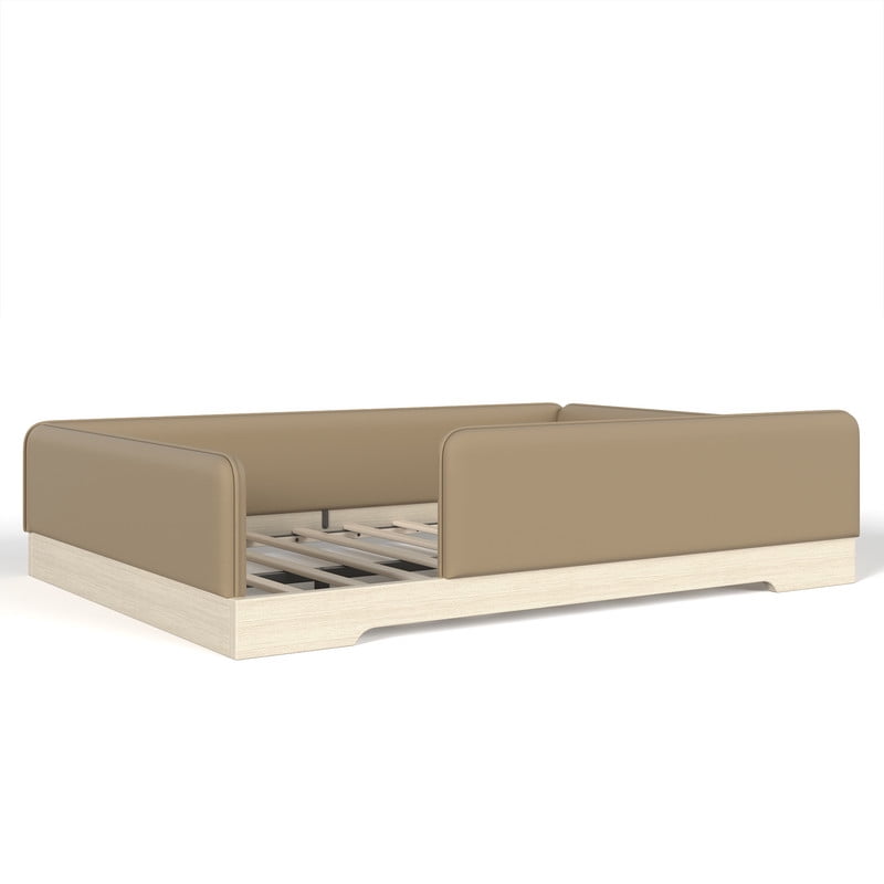 Queen Size Faux Leather Upholstered Floor Bed, Kids Montessori Bed Frame with Removable Guardrail, Low Profile Platform Bed
