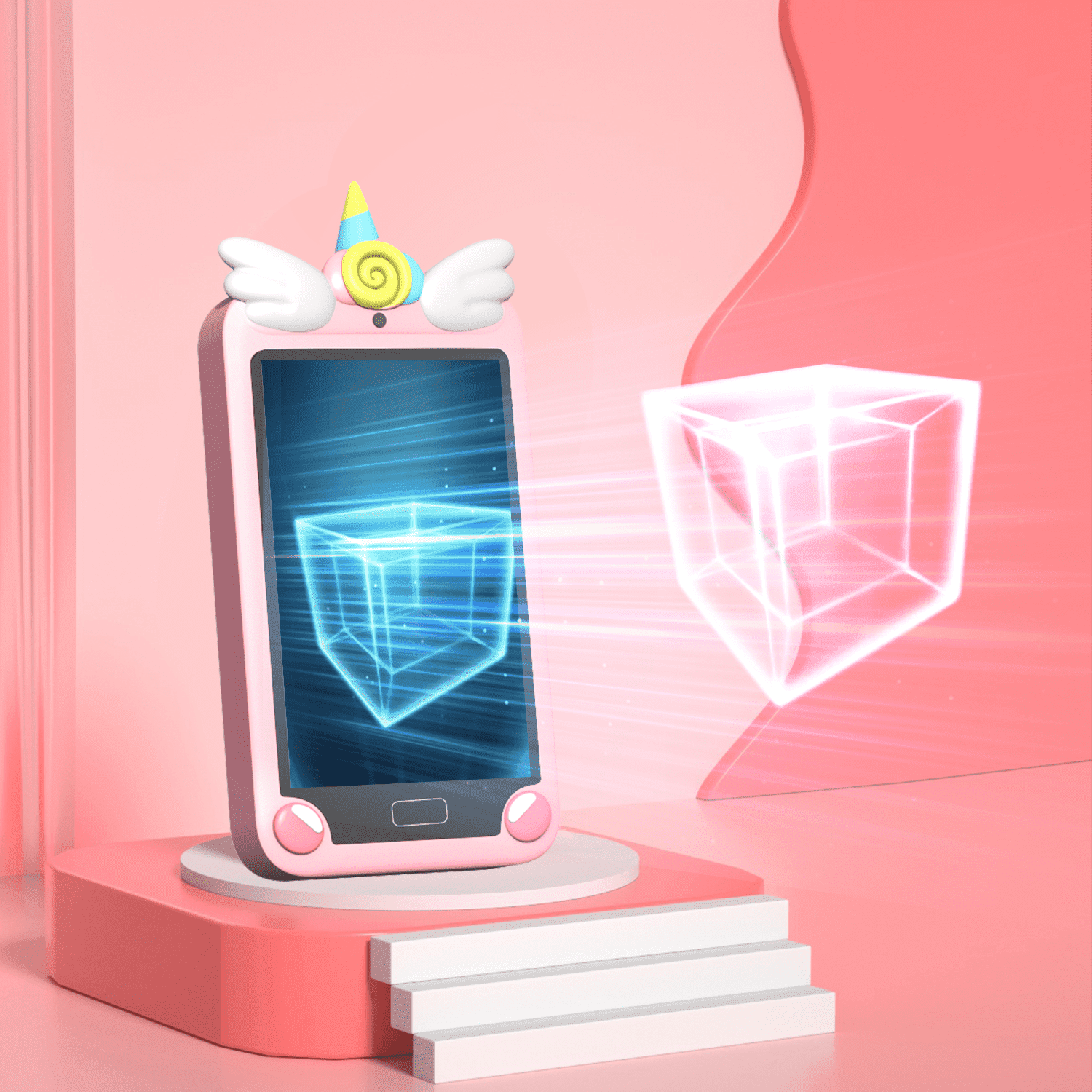 Merryhome Kids Smart Phone for Girls with 4.0" Large Touchscreen, 32G Card Christmas Birthday Gifts for Age 3-10 Kid Toys Cell Phone with Holographic Pyramid, Dual Lens, Music Player Pink