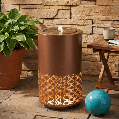 20" Metal Outdoor Water Fountain with LED Lights, Modern Candle Style Cutout Water Feature for Patio Garden Backyard Decor, Brown