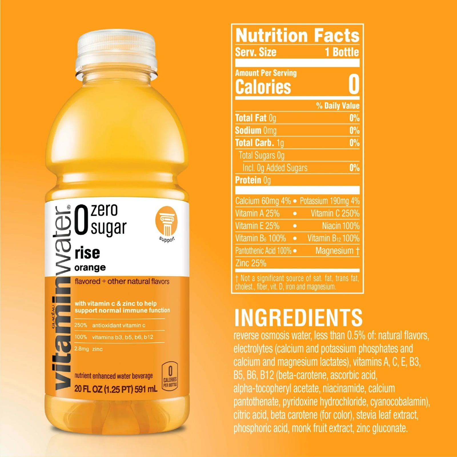 Vitaminwater Rise Zero Sugar Orange Flavored Water Beverage, 20 fl oz (3 Pack)