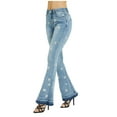 thumbnail image 2 of Womens Floral Daisy Embroidered Mid Rise Bell Bottom Flare Frayed Hem Jeans, Light Denim,XX-Large, 2 of 5