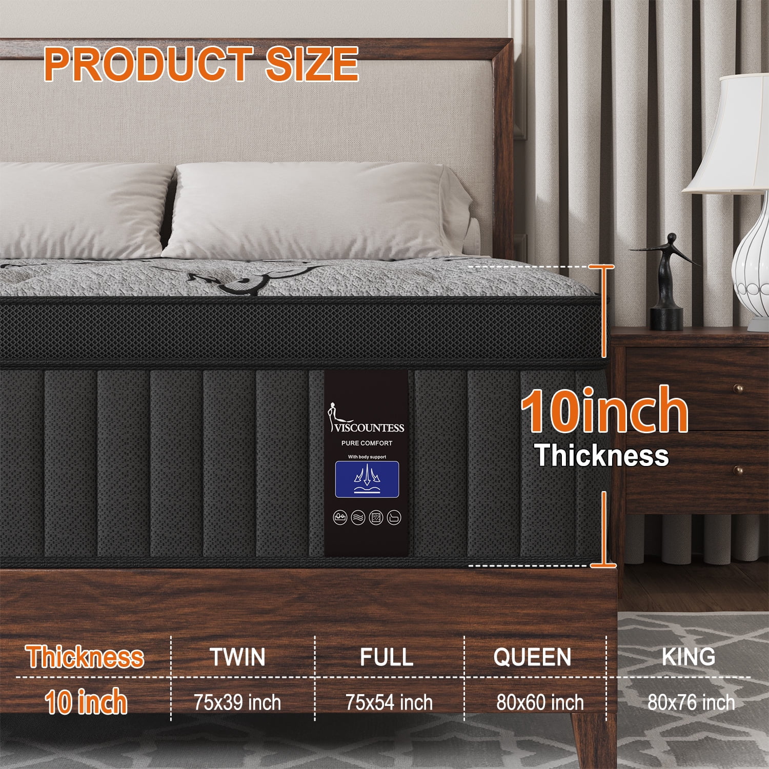 Viscountess King Mattress 10inch Hybrid Mattress in a Box with Gel Memory Foam Innerspring Medium Firm