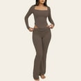 thumbnail image 2 of Kilaqueen Pj Sets for Woman Square Neck Long Sleeve Slim Fit Tops and Low Elastic Waist Flare Pants Trendy Solid Color Soft Comfy Lounge Sleepwear, 2 of 4