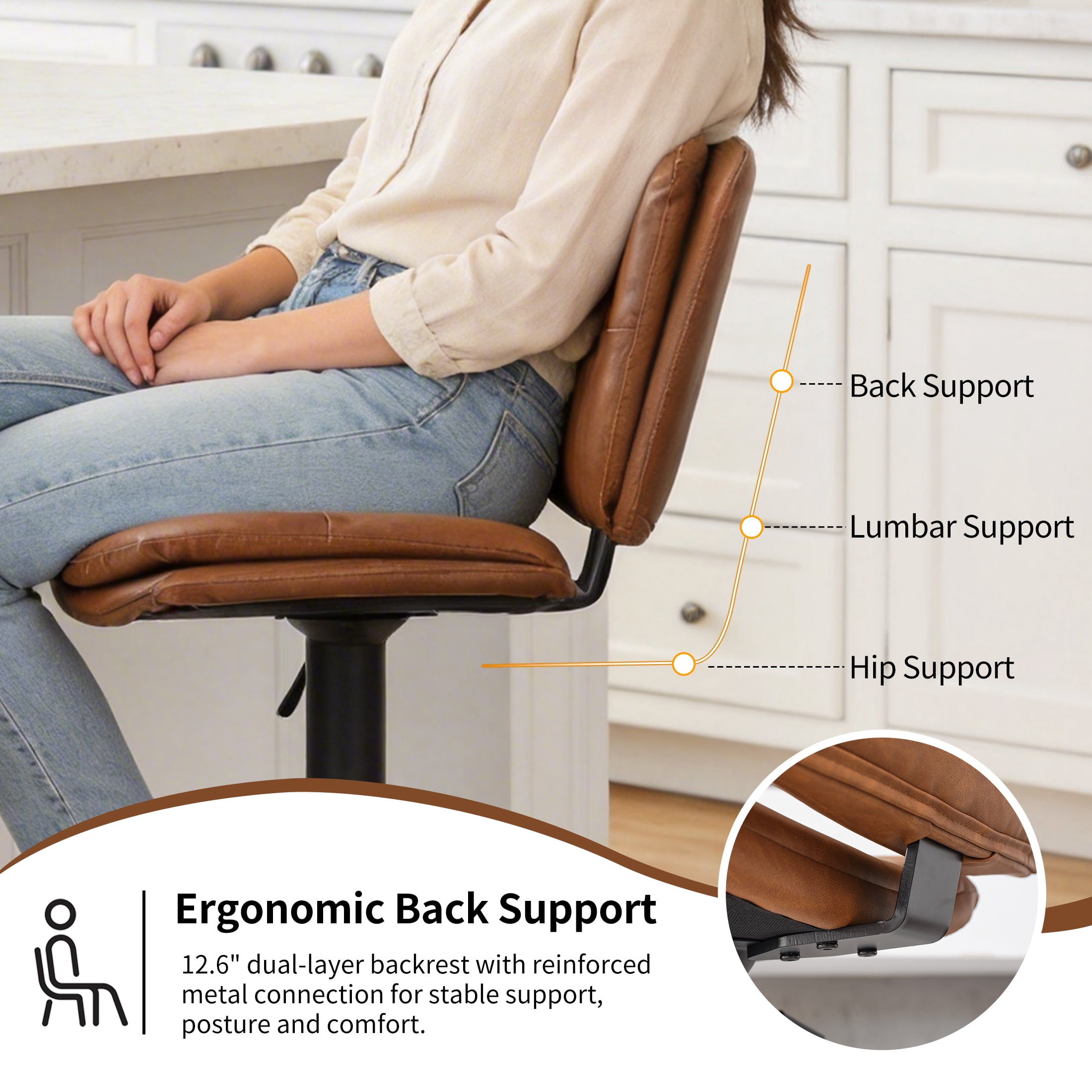 FIRAVOE Swivel Bar Stools Set of 3 (Double-Layer Upholstered) Adjustable Bar Stools (24"-32"), PU Leather Modern Barstools with Back for Bar, Kitchen, Dining Room, Brown