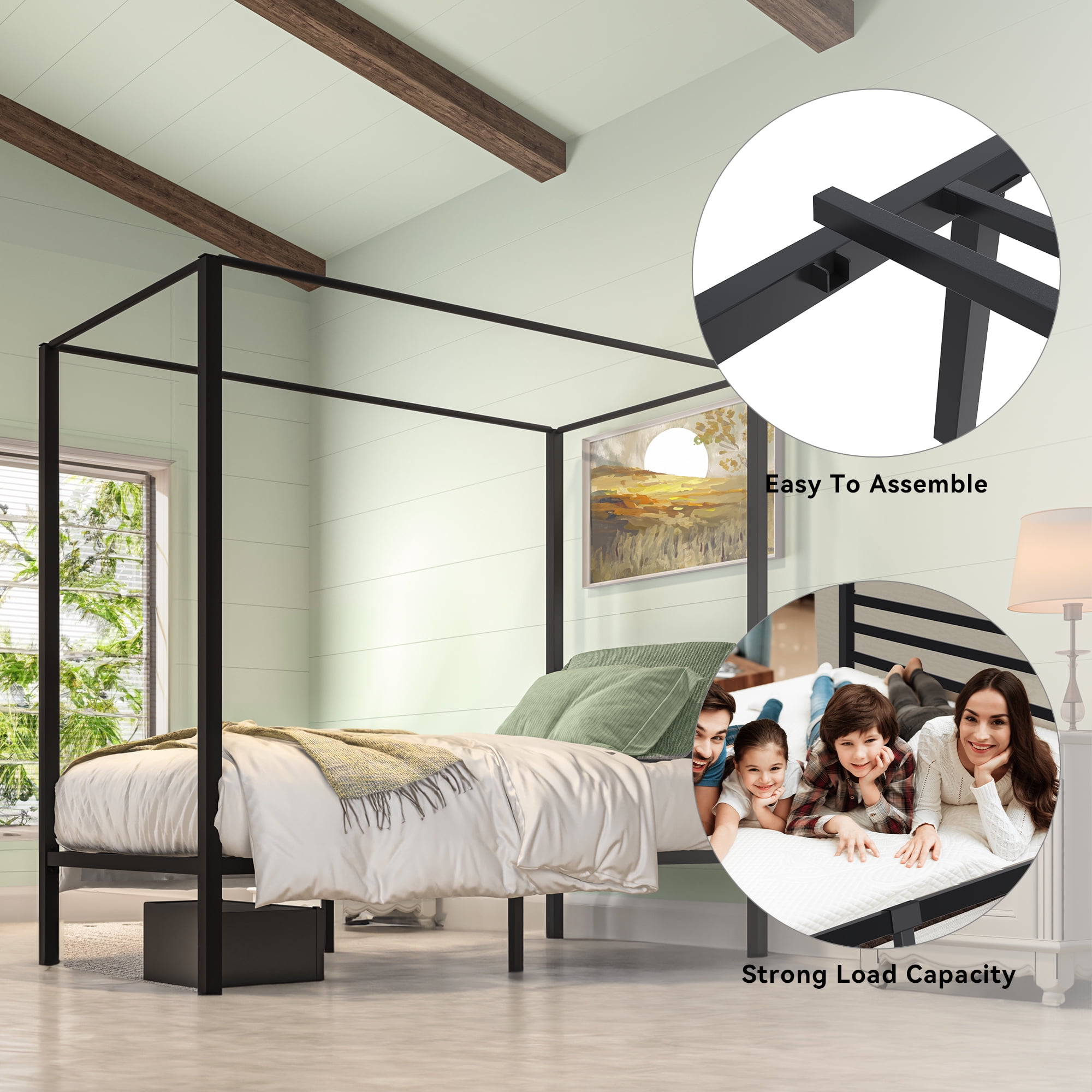 Dextrus Metal Canopy Bed Frame 14" Platform with Headboard Strong Metal Slat Support Mattress Foundation, No Box Spring Needed, Black, Twin Size