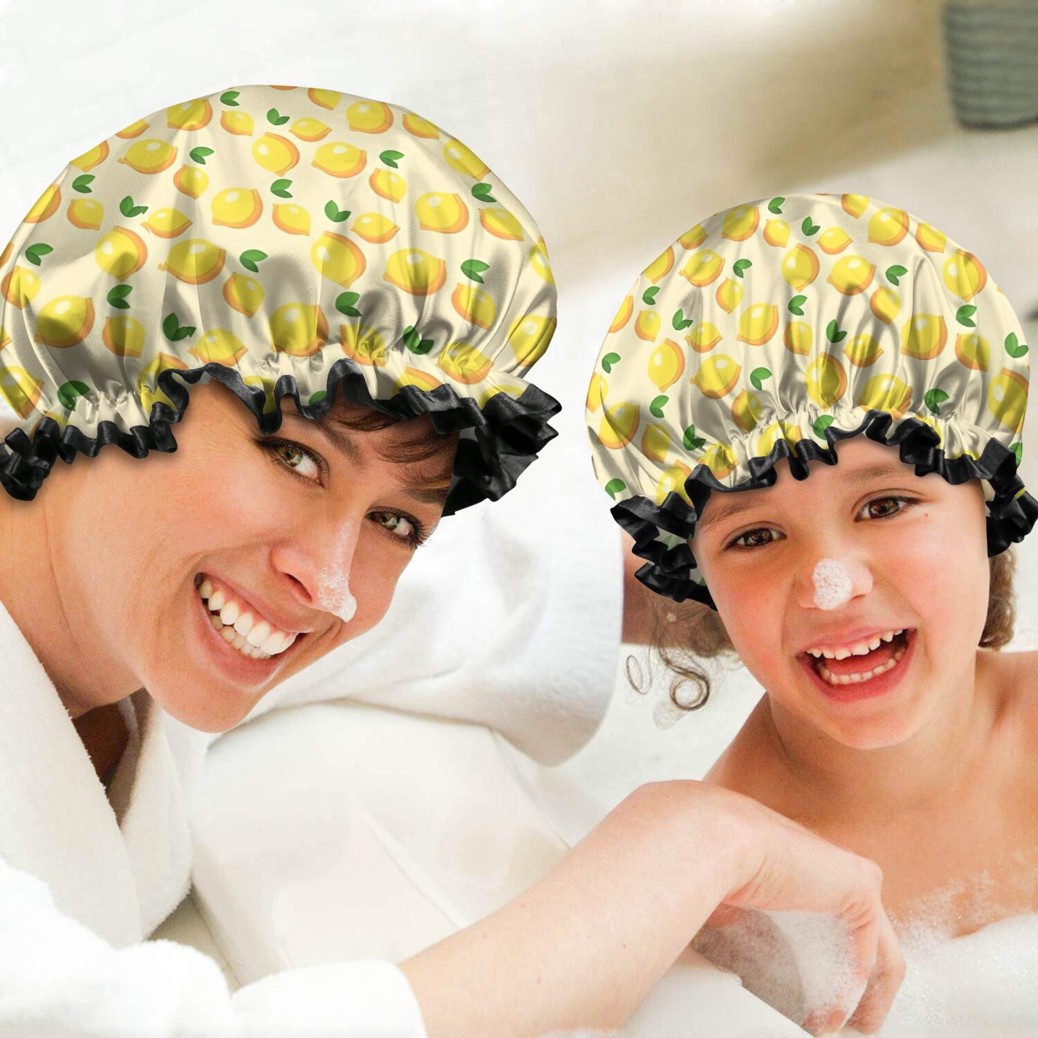 Shower Caps,Yellow Lemon Fruit Leaves Beige Pattern Waterproof Shower Cap for Women 4 Pieces,Double Reusable Hair Cover for Shower PEVA Elastic Stretch Hem
