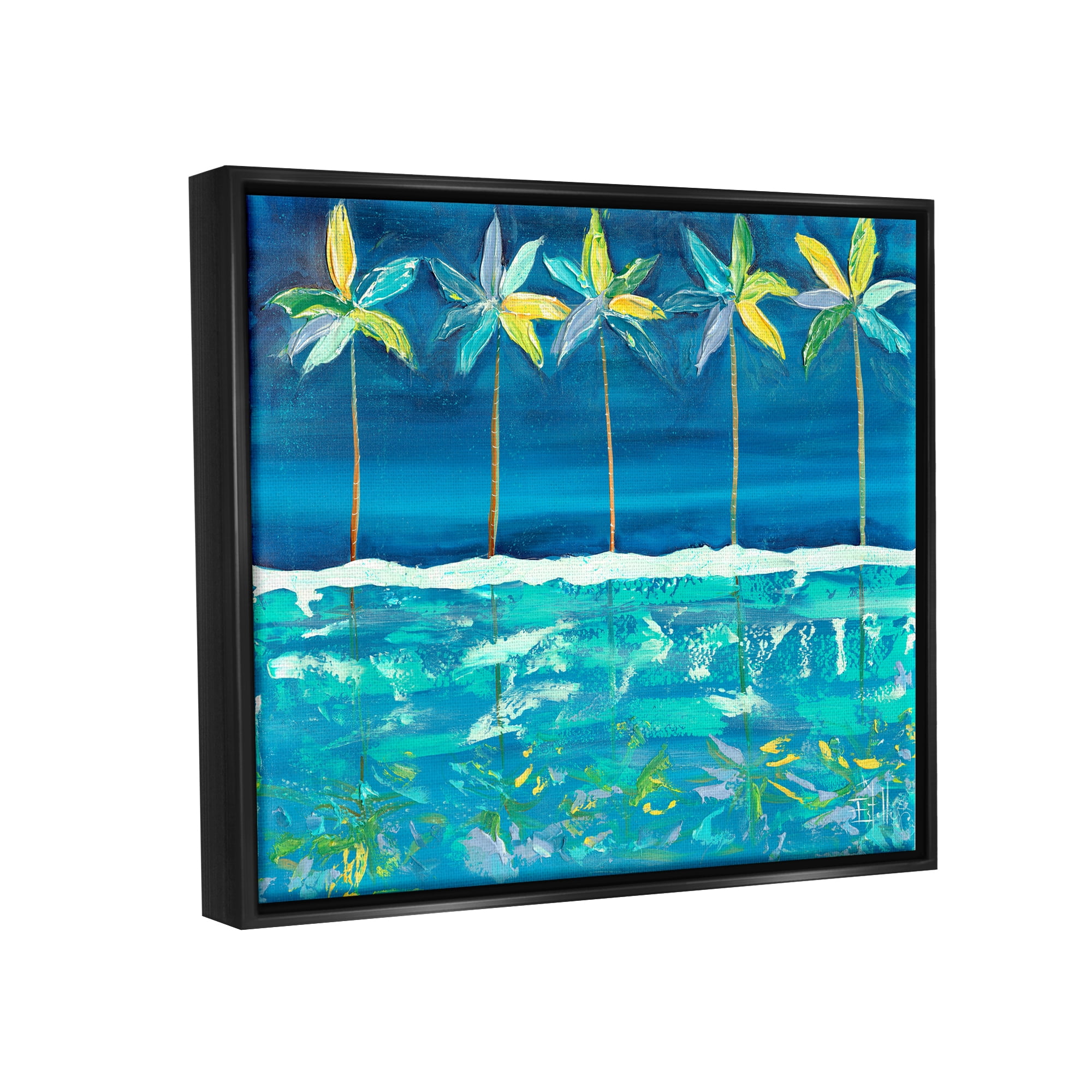 Stupell Industries Blue Abstract Palms Landscape Painting Black Floater Framed Canvas Art Print Wall Art, 31 x 25