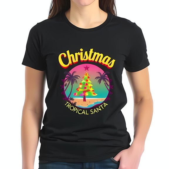 Tropical Santa Cotton Short Sleeve T-Shirt - Vibrant Beach Christmas Design with Trees & Sunset Colors