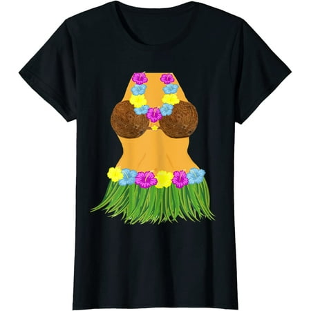 

T-shirt for Women Tiki Party Shirt Luau Coconut Bra Grass Skirt Lei Flowers Graphic Fashion Short Sleeve Tops Black X-Large