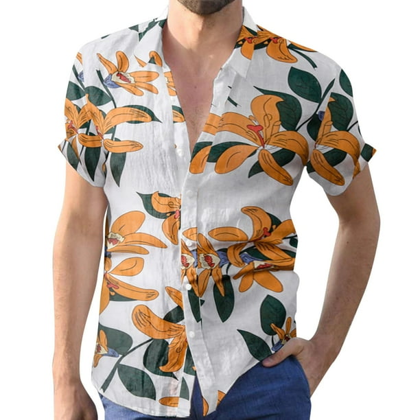 Playeras Y Camisas Para Hombre Top de primavera y verano para hombre camisetas de solapa sueltas con estampado Floral colorido camisa de manga corta para vacaciones al libre Orange 3XL Walmart