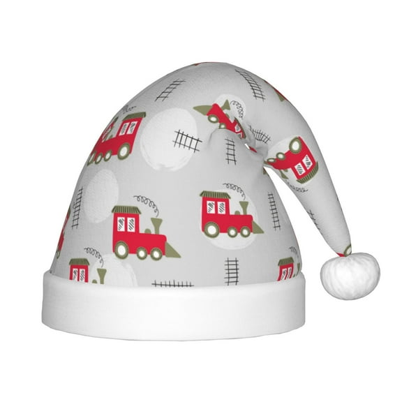Fuzoiu Trains Print Santa Hat Christmas Hat for kids,Santa Hats with Pompom, Unisex Xmas Holiday Hat for Christmas New Year Festive Party Supplies