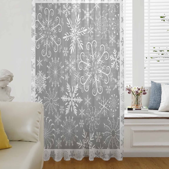 Snowflakes Christmas Semi Sheer Curtains Drapes for Living Room, Bedroom, French Doors Window 108 Inches Long, Grey Xmas Winter Vintage Rod Pocket Chiffon Curtain Drapery Voile Draperies Panel