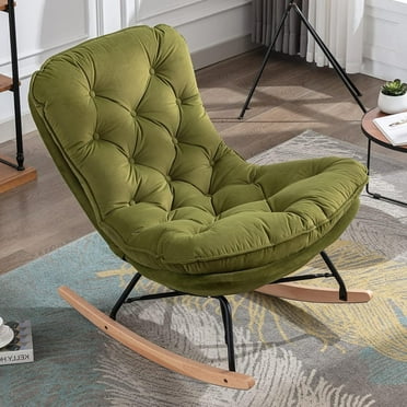 MIDODO Rocking Chair, Nursery Glider Chair, Back Tufted Design Upholstered Fabric Padded Seat with Solid Wood Base Comfy Side Chair