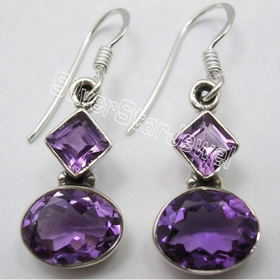 SilverStarJewel 925 Sterling Silver Genuine Purple Amethyst 2 Stone Designer Earrings 3.4CM