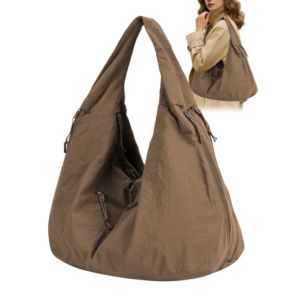 Gustave Women's Large Nylon Slouchy Hobo Bag Lightweight Soft Tote Bag Underarm Shoulder Handbag with Multiple Pockets for Casual Travel Daily Use - Coffee